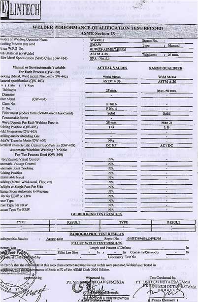 Welder Certification Sample Page